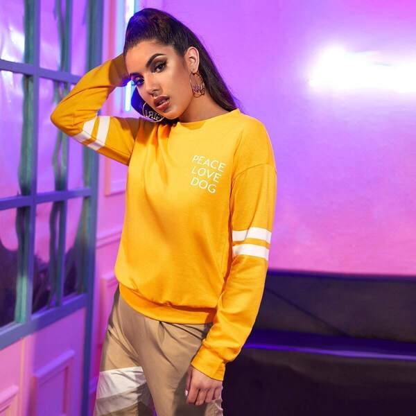 

Letter Graphic Drop Shoulder Striped Sleeve Sweatshirt, Yellow bright