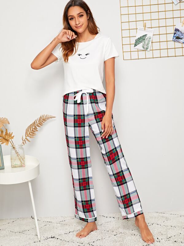 

Face Print Top & Tartan Pants PJ Set, Multicolor, Gabi B