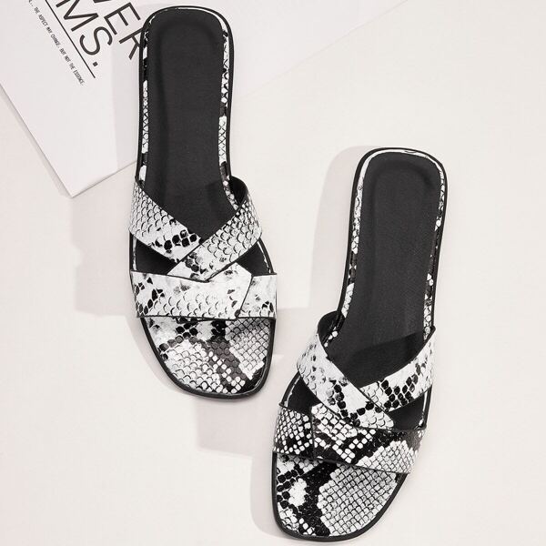 

Snakeskin Cross Strap Flat Sliders