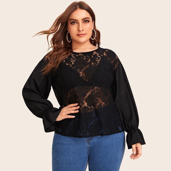 

Plus Lace Panel Flounce Sleeve Blouse