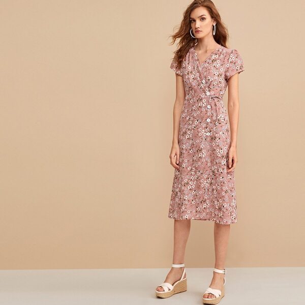 

Ditsy Floral Button Side Wrap Dress, Pink