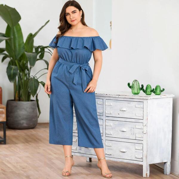 

Plus Ruffle Trim Belted Bardot Denim Jumpsuit, Blue