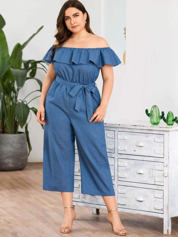 

Plus Ruffle Trim Belted Bardot Denim Jumpsuit, Blue