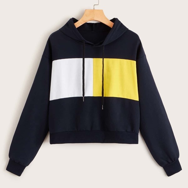 

Drop Shoulder Contrast Panel Drawstring Hoodie