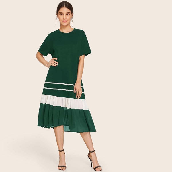 

Color Block Ruffle Hem Tee Dress