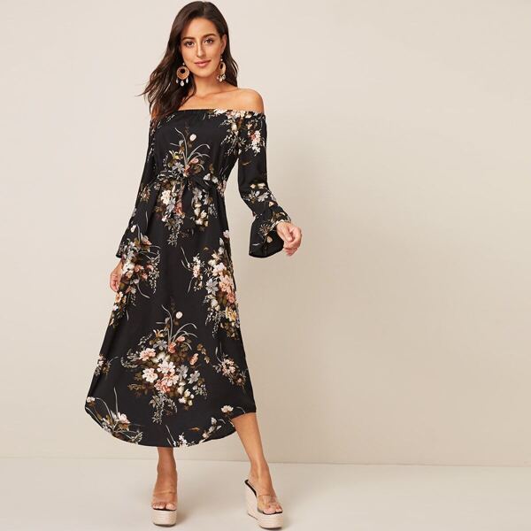 

Floral Print Off The Shoulder Belted Dress