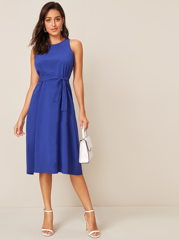 

Solid Belted Keyhole Back Dress, Blue, Mary P.