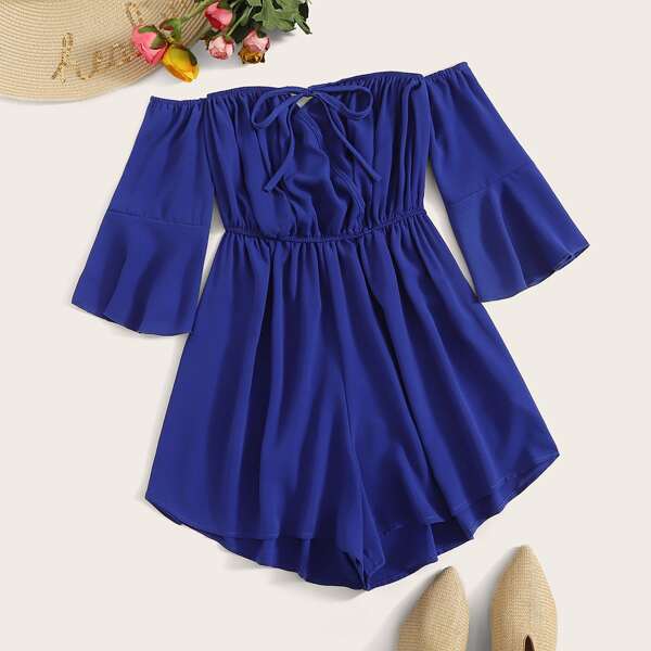 

Knot Front Off The Shoulder Wide Leg Romper, Blue