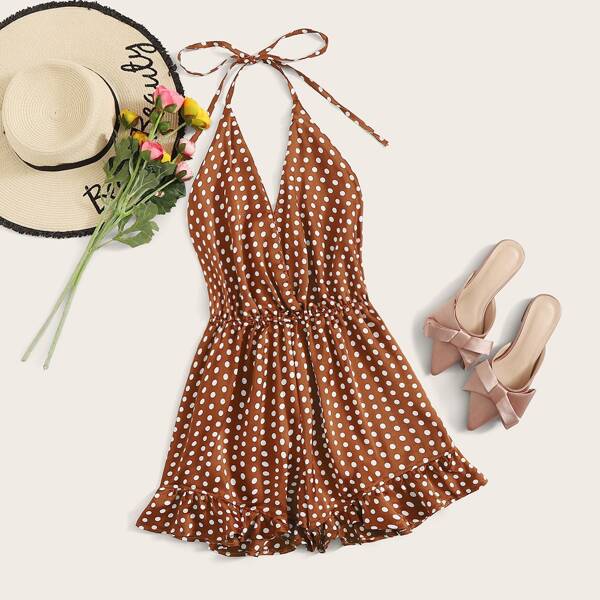 

Polka Dot Print Ruffle Hem Halter Romper, Brown
