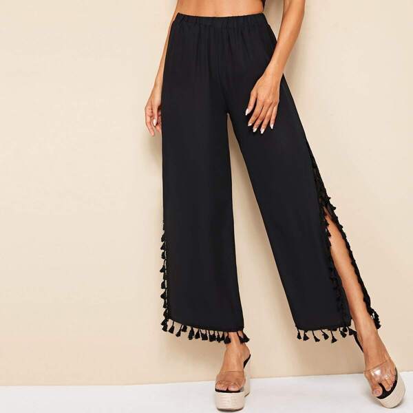 

Chiffon Split Contrast Fringe Wide Leg Pants, Black