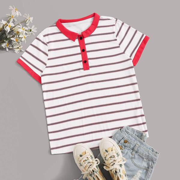 

Stripe Print Contrast Trim Tee, Multicolor
