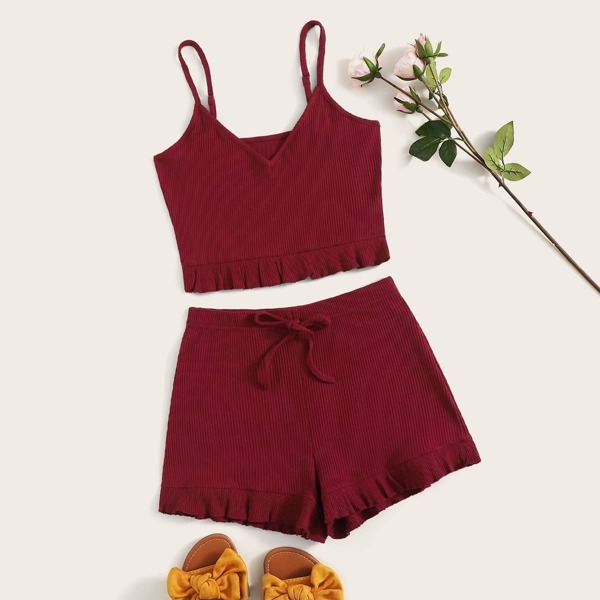 

Solid Frill Hem Cami Top With Drawstring Shorts