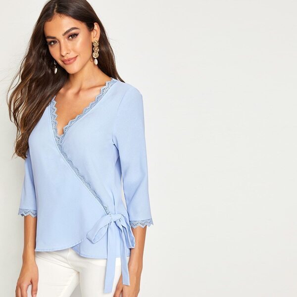 

Solid Lace Trim Wrap Knotted Blouse