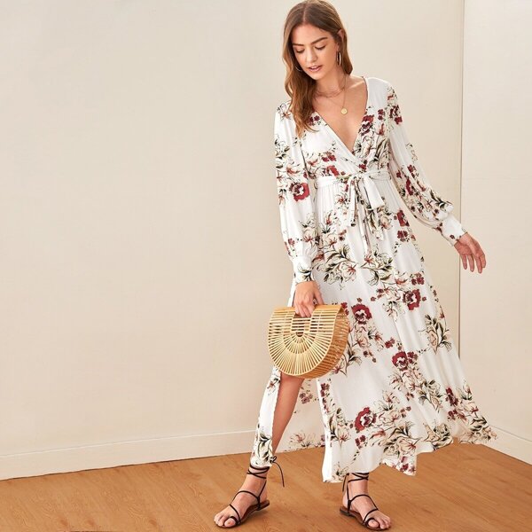 

Floral Print M-slit Hem Belted Dress