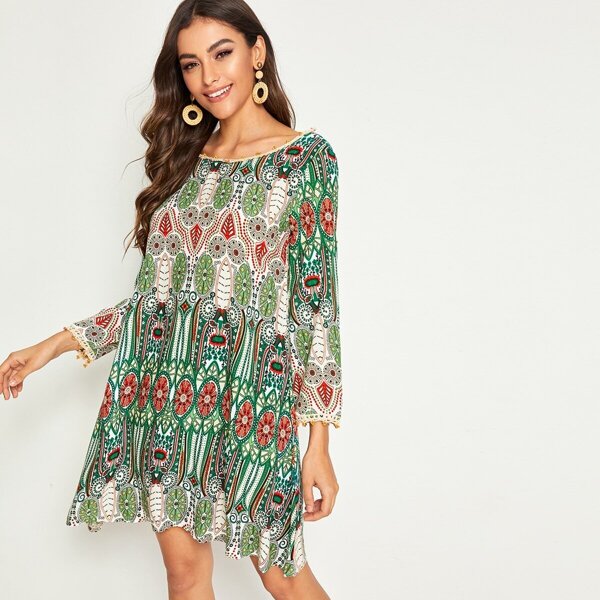 

Tribal Print V Neck Back Tunic Dress, Multicolor
