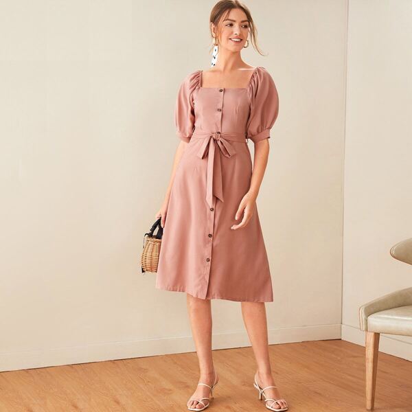 

Button Front Puff Sleeve Belted Midi Dress