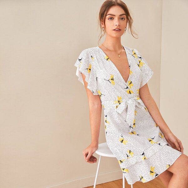 

Dot & Flower Print Ruffle Trim Belted Dress
