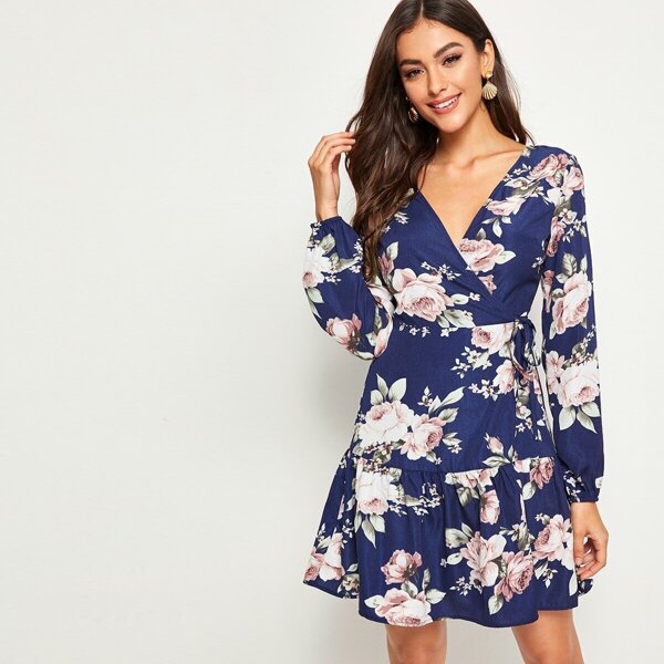 

Floral Print Surplice Neck Tie Side Ruffle Hem Dress