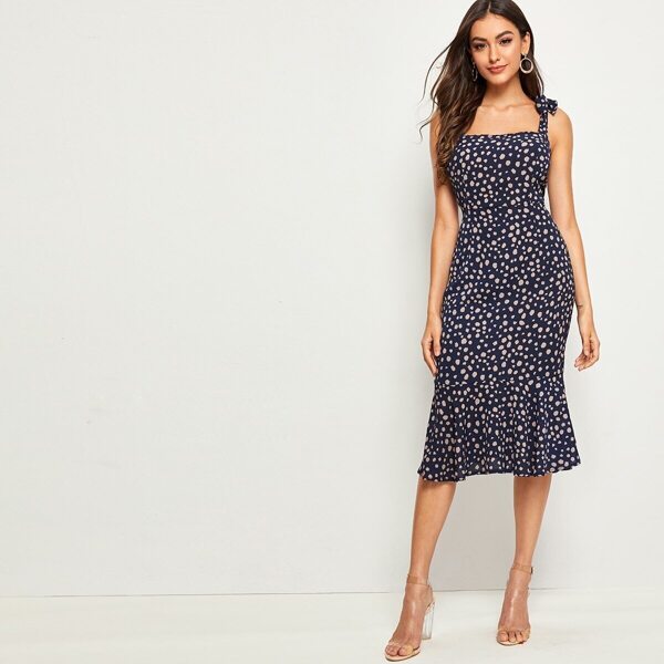 

Allover Print Self Tie Shoulder Ruffle Hem Dress