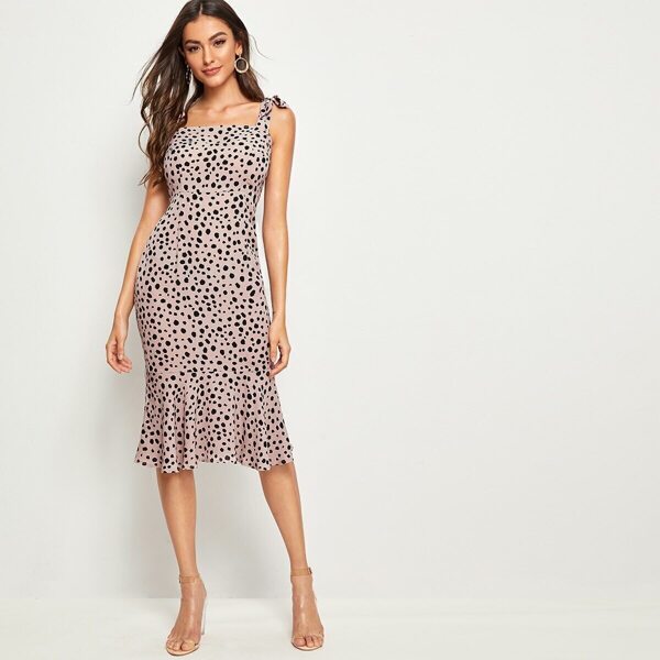 

Allover Print Self Tie Shoulder Ruffle Hem Dress
