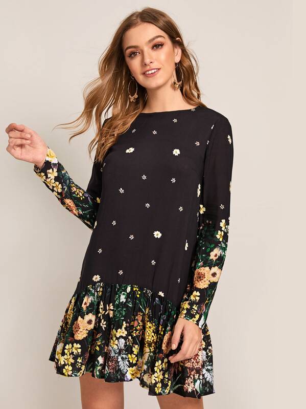 

Floral Print Tie Back Ruffle Hem Dress, Black, Luiza