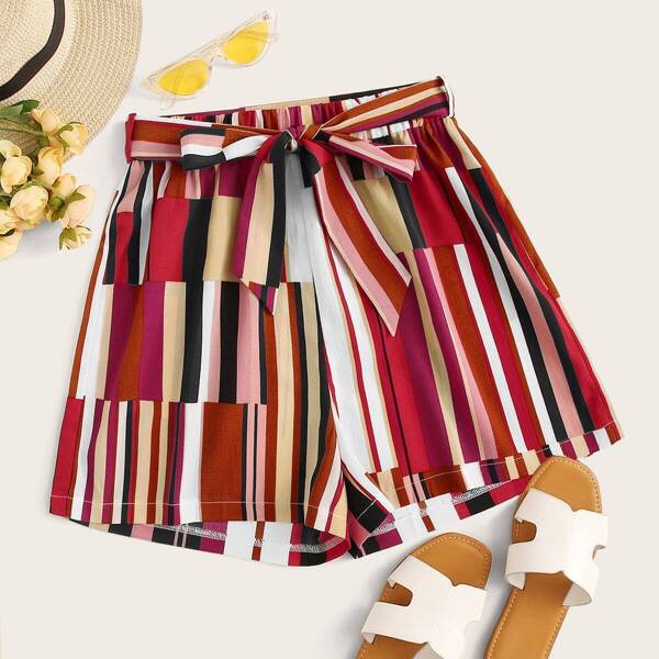 

Striped Print Belted Shorts