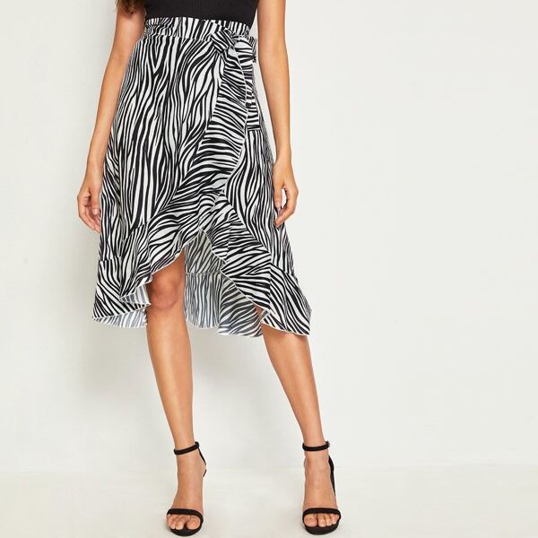 

Zebra Striped Ruffle Trim Wrap Knotted Skirt