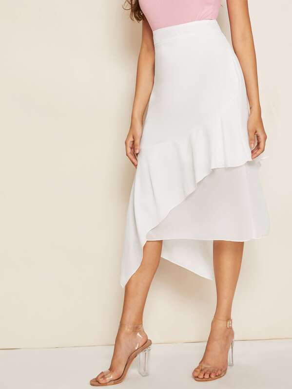 

Wide Band Waist Ruffle Trim Asymmetrical Hem Skirt, White, Carol A