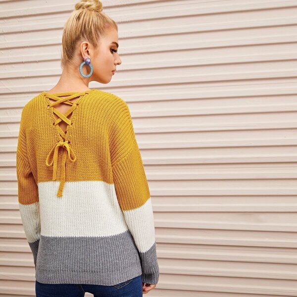 

Lace Up Back Color-block Sweater