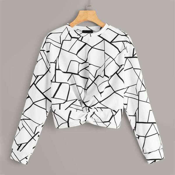 

Twist Hem Geo Pullover, White