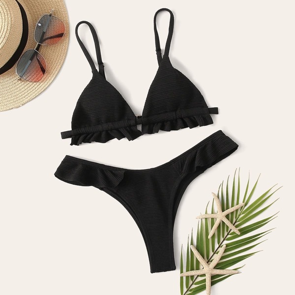 

Textured Ruffle Trim Top With High Cut Bikini