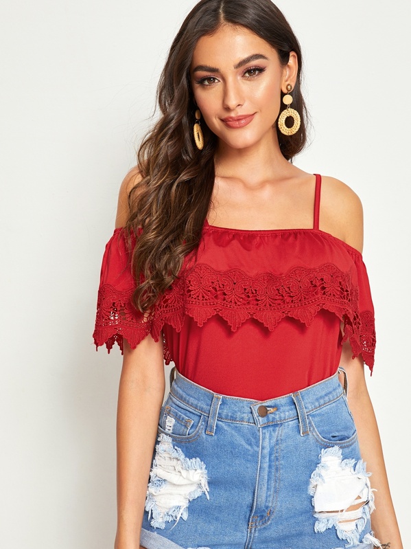 

Cold Shoulder Guipure Lace Trim Top, Red, Carol A