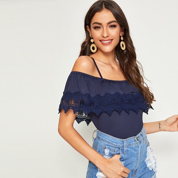 

Cold Shoulder Guipure Lace Trim Top, Navy