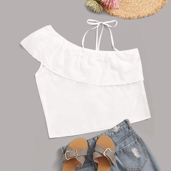 

Asymmetrical Neck Eyelet Embroidered Top