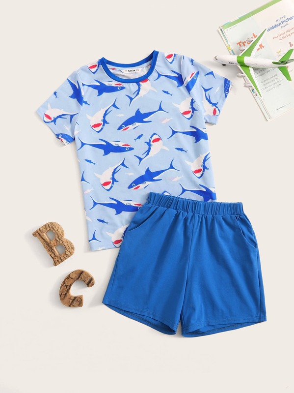 

Boys Shark Print Top & Shorts PJ Set, Blue