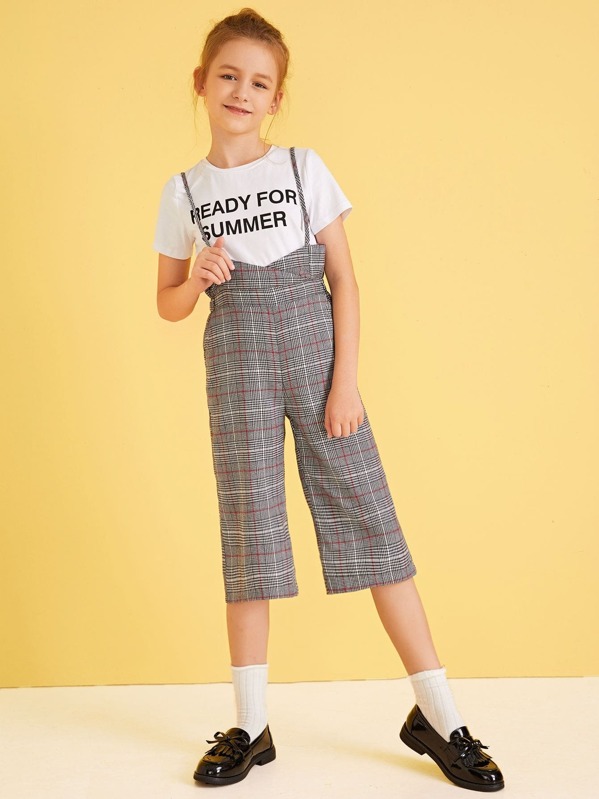 

Girls Overlap Waist Plaid Slip Crop Pants, Grey, Sashab