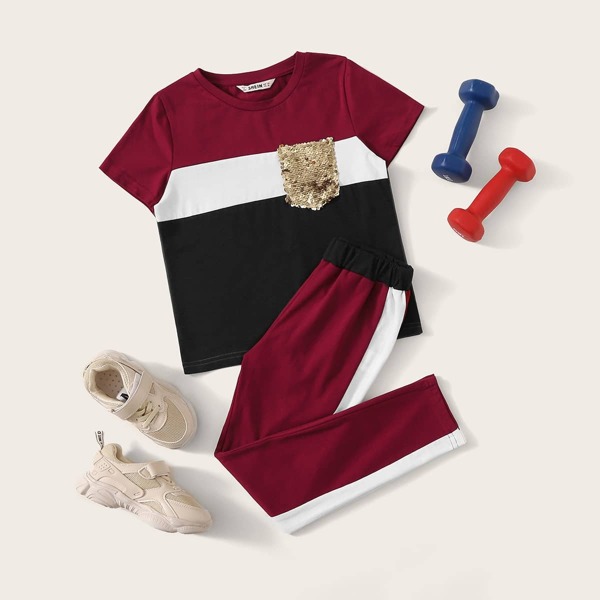 

Girls Sequin Pocket Colorblock Top & Side Striped Pants Set