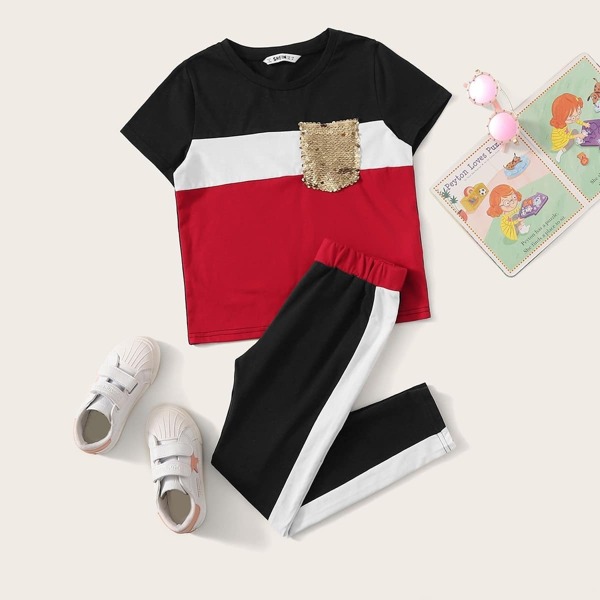 

Girls Sequin Pocket Colorblock Top & Side Striped Pants Set, Multicolor