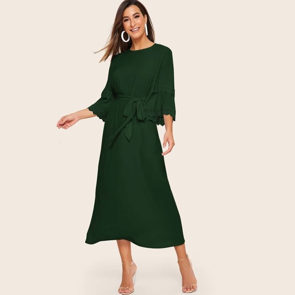 

Guipure Lace Detail Keyhole Back Belted Dress