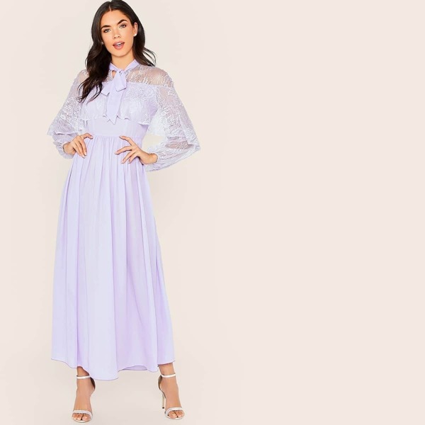 

Tie Neck Lace Foldover Lantern Sleeve Dress, Purple pastel
