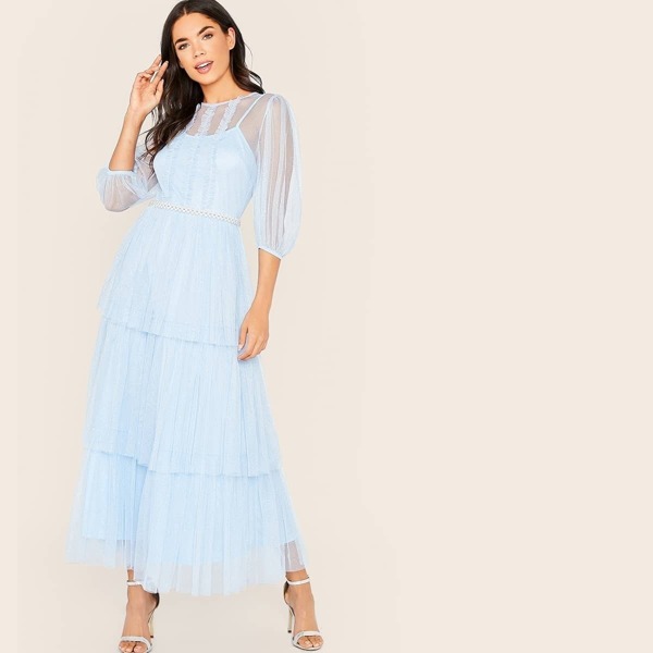 

Ruffle Layered Hem Sequin Mesh Dress Without Pearl, Blue