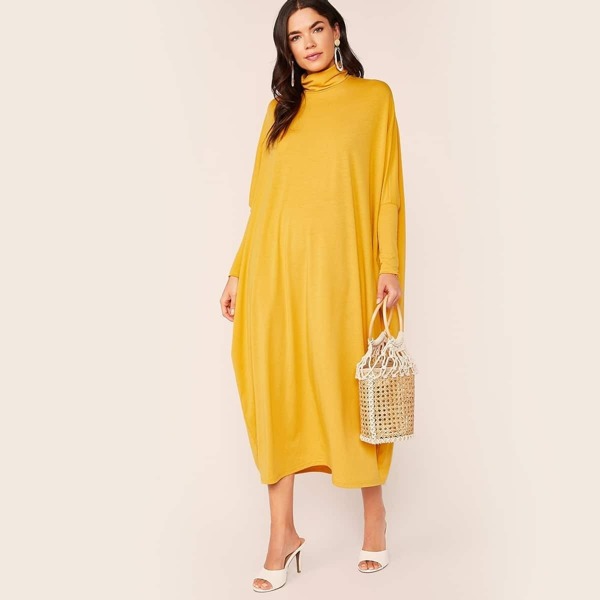 

Solid High Neck Batwing Sleeve Dress, Yellow