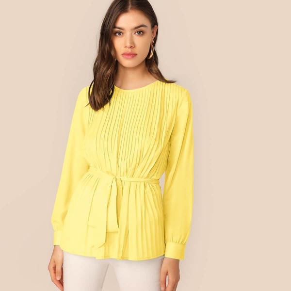 

Keyhole Back Pleated Belted Top, Yellow