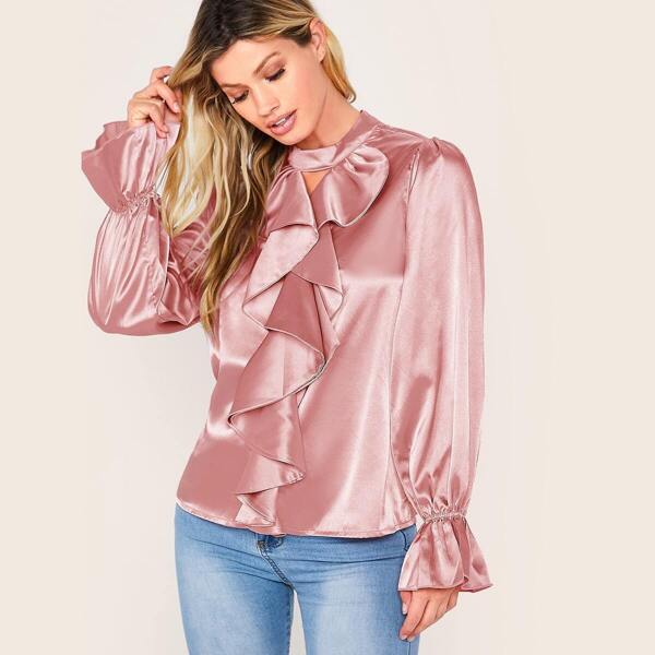 

Solid Ruffle Trim Keyhole Back Satin Top, Pink