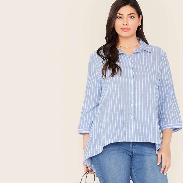

Plus Striped High Low Hem Button Front Blouse, Blue pastel