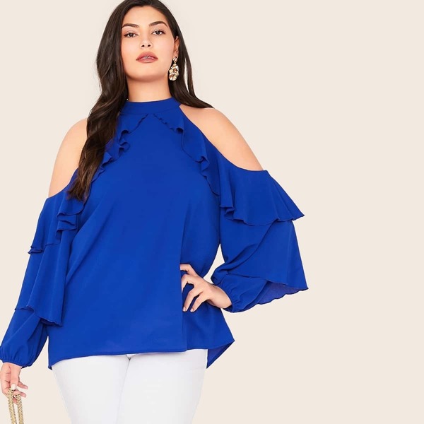 Plus Cold Shoulder Ruffle Trim Top, Blue bright