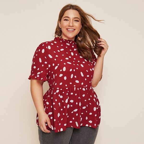 

Plus Frill Neck Dalmatian Print Peplum Top