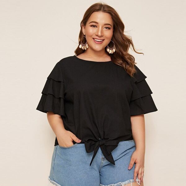 

Plus Layered Sleeve Tie Front Top