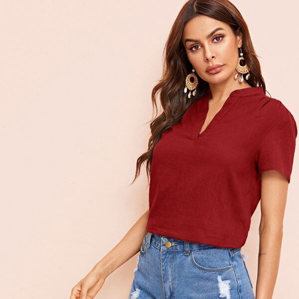 

Solid Notched Neck Top, Burgundy