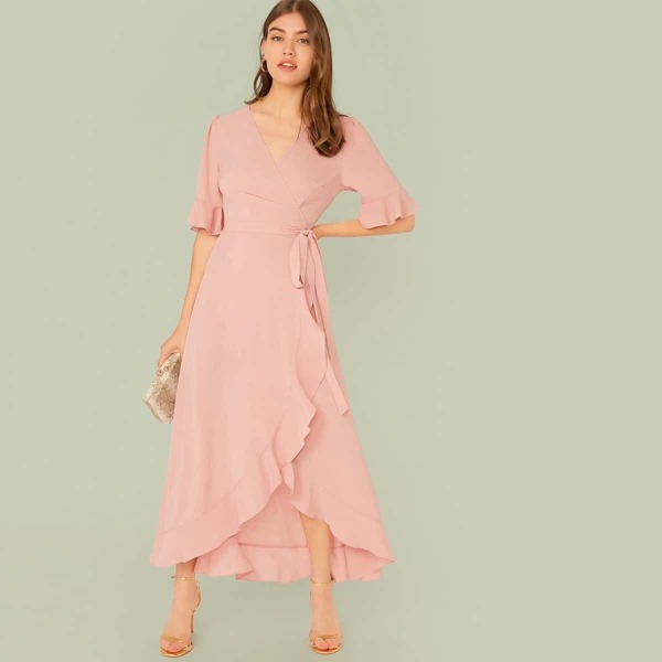 

Wrap Tie Side Ruffle Asymmetrical Hem Dress